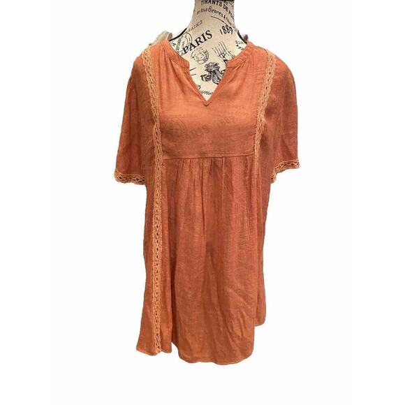 Monoreno Tops - Monoreno Blouse Tunic Anthropologie Salmon Sz Large Lagenlook Short Sleeves Trim